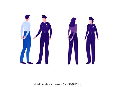 Police security character concept. Vector flat person illustration set. Group of caucasian people. Man and woman officer with arrested in handcuffs. Design element for banner, infographic, web.