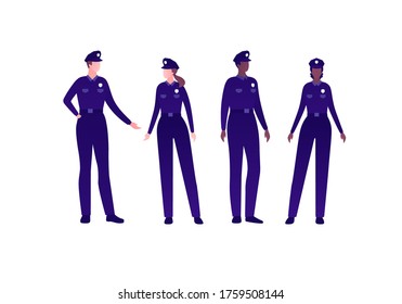 Police security character concept. Vector flat person illustration set. Group of multi-ethnic people. Policeman man and woman officer in uniform. Design element for banner, poster, infographic, web.