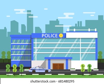 Police or security department. Exterior of municipal building. Vector illustration in flat style