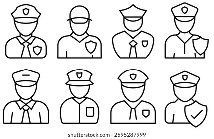 Police or Security guard icon. Set of linear security guard icons. Editable stroke. Vector illustration