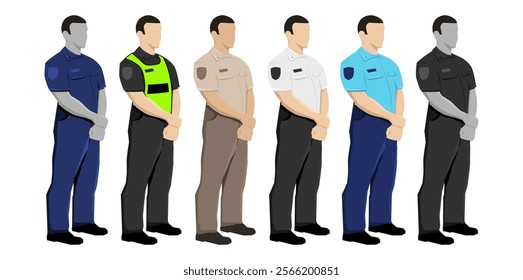 Police security guard, variety of uniformed security elements to maintain order, policeman vector set