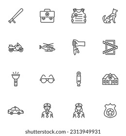 Police and security line icons set, outline vector symbol collection, linear style pictogram pack. Signs, logo illustration. Set includes icons as policeman, police department, body armor, baton