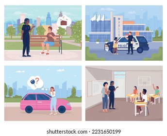 Police service flat color vector illustrations set. Security. Fully editable 2D simple cartoon characters pack with interior and city on background. Balsamiq Sans Regular, Bebas Neue fonts used