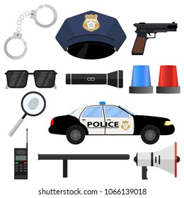 The police set. Handcuffs, cap, police token, police car, baton, loudspeaker, walkie-talkie. Flat design, vector illustration, vector.