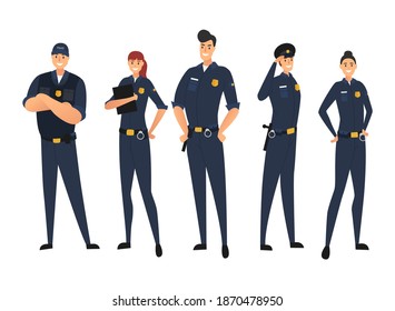 Police set in uniform isolated on white background. Police man and police woman, cops. Protection of citizens. Young law enforcement officers. Vector illustration
