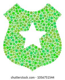 Police Shield collage of filled circles in variable sizes and ecological green color hues. Vector round elements are combined into police shield composition. Fresh design concept.
