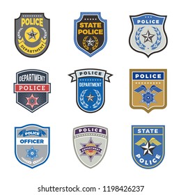 Police shield. Government agent badges and police department officer security vector symbols. Badge of cop or detective officer illustration