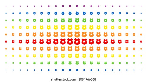 Police shield icon spectrum halftone pattern. Vector police shield objects are organized into halftone matrix with vertical rainbow colors gradient. Constructed for backgrounds, covers,