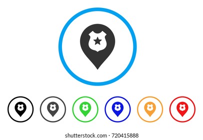 Police Shield Marker rounded icon. Style is a flat police shield marker grey symbol inside light blue circle with black, gray, green, blue, red, orange color versions.