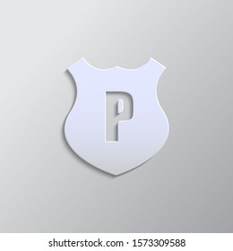 Police shield paper style, vector icon. Grey color vector background