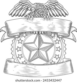 A police shield star sheriff cop badge or military security crest emblem motif featuring an eagle in a vintage woodcut style.