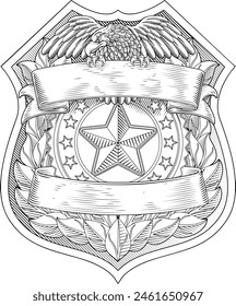 A police shield star sheriff cop badge or military security crest emblem motif featuring an eagle in a vintage woodcut style.