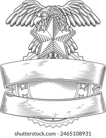 A police shield star sheriff cop badge or military security crest emblem motif featuring an eagle in a vintage woodcut style.