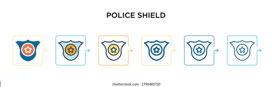 Police shield vector icon in 6 different modern styles. Black, two colored police shield icons designed in filled, outline, line and stroke style. Vector illustration can be used for web, mobile, ui