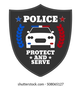 Police sign. Elements of the police equipment icons. Protect and Serve label. Vector Illustration.