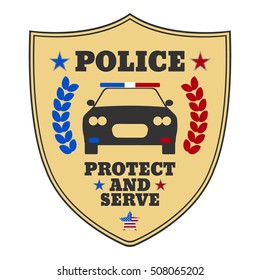 Police sign, logo and banner. Elements of the police equipment icons. Protect and Serve label. Vector Illustration.
