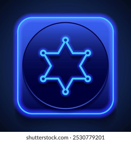 Police simple icon. Flat design. Blue neon style on button. With shadow.ai