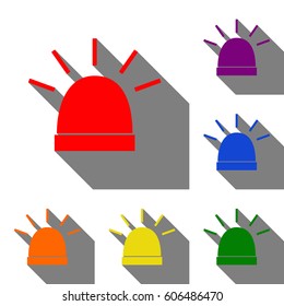 Police single sign. Set of red, orange, yellow, green, blue and violet icons at white background with flat shadow.