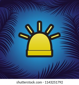 Police single sign. Vector. Golden icon with black contour at blue background with branches of palm trees.