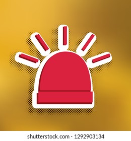 Police single sign. Vector. Magenta icon with darker shadow, white sticker and black popart shadow on golden background.