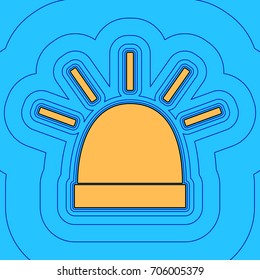 Police single sign. Vector. Sand color icon with black contour and equidistant blue contours like field at sky blue background. Like waves on map - island in ocean or sea.