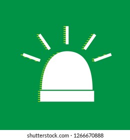 Police single sign. Vector. White flat icon with yellow striped shadow at green background.