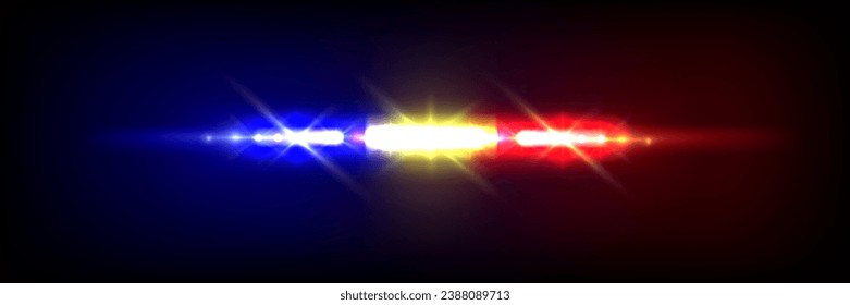 Police siren light bar on black background. Vector realistic illustration of red, blue, yellow flashing led lamps on emergency vehicle, patrol car headlight flaring effect at night, security guard