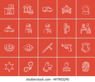 Icono de esbozo policial para web, móvil e infografía. Juego de iconos de la policía dibujado a mano. Conjunto de iconos de vectores de policía. Icono de la policía aislado en el fondo rojo.