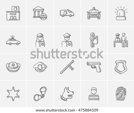 Police sketch icon set for web, mobile and infographics. Hand drawn police icon set. Police vector icon set. Police icon set isolated on white background.