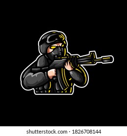 Police with sniper mascot character illustration for logo gaming. black costume with black background illustration.