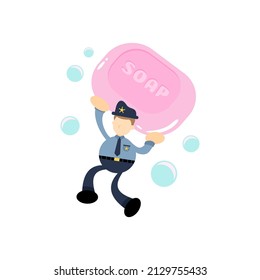 police and soap sanitizer hygene cartoon flat design illustration