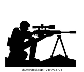Police special forces, security operations team, SWAT sniper in blank black uniforms, sitting and aiming with sniper rifle equipped telescopic optical sigh silhouette