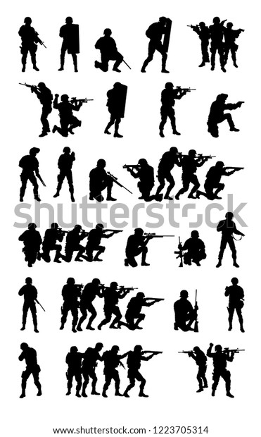 Police special forces tactical members, SWAT\
group, counter-terrorist squad fighters set collection vector\
silhouette isolated on white\
background