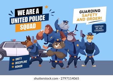 Police squad. Vector illustration shows cartoon animal police officers standing with a patrol car and safety banners promoting teamwork and order