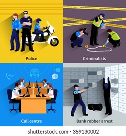 Police Square Concept Set Of Policeman People Bank Robber Arrest Working Criminalists And Call Center Flat Shadow Vector Illustration 