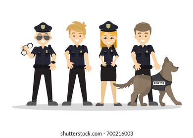 Police staff set. Men and woman with dog in black uniform.