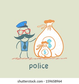 Police stands with a bag of money