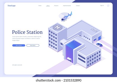 Police station banner with building facade, patrol car and chopper. Vector landing page of policeman department office with isometric illustration of precinct house and helicopter