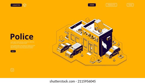 Police station banner with isometric building and patrol cars. Vector landing page of precinct house with illustration of police department office and cop vehicles