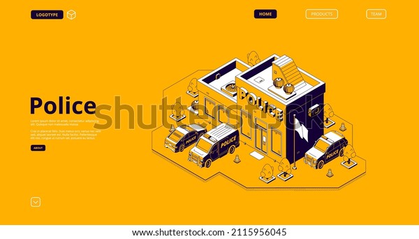 Police station banner\
with isometric building and patrol cars. Vector landing page of\
precinct house with illustration of police department office and\
cop vehicles