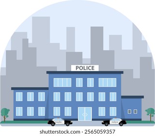 Police station, police station building against the backdrop of the urban landscape. Vector, designer illustration. Vector.