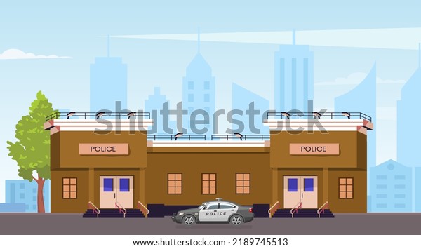 Police station building and a cop car is waiting\
for call.