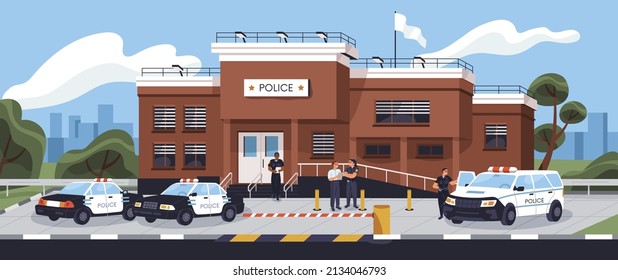 Police station building exterior with patrol cars and officers outside. City investigation bureau with policemen, cops outdoors. Street panorama with detective department. Flat vector illustration