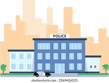 Police station, police building, police station facade against the backdrop of the city. Vector, designer illustration. Vector.