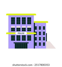 Police station building in flat vector illustration, symbolizing law enforcement. Building is shown with multiple floors and windows, labeled POLICE on front, isolated on white background.