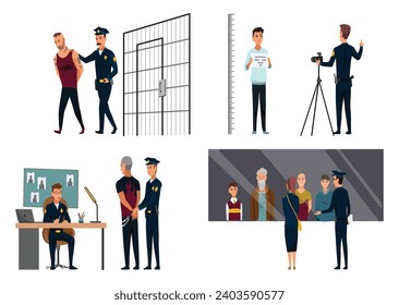 Police station building interior with employees, staff set. Police officer in uniform working. Detective in office make investigation. People in jail. Vector illustration in cartoon style