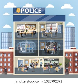 Police station building interior. Police officer in uniform working. Detective in office make investigation. People in jail. Vector illustration in cartoon style