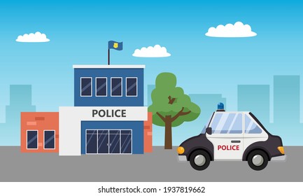 Police station building landscape with patrol car. Flat vector cartoon design