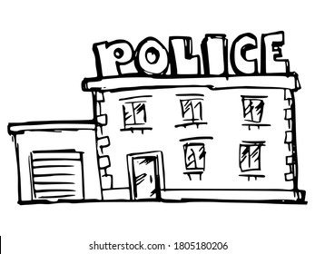 Police station building. Object of architecture. Front view. Vector, monochrome, sketch illustration on a white background. Can be used for printing and web design