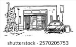 police station building with parked patrol car hand-drawn illustration